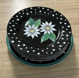 Mikasa Flower Market Black Polka Dot Plates  (Laurie Gates) - Lot of 7 - Picture 1 of 6