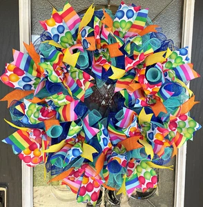 Birthday Balloon Party Front Door Deco Mesh Wreath Festive Bright Cheerful - Picture 1 of 6