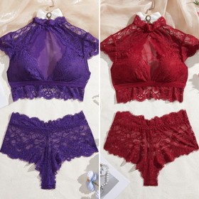 Sexy Lingerie Bra Thong Womens Teddy Babydoll Pajamas Lace Cutout Neck Bikini