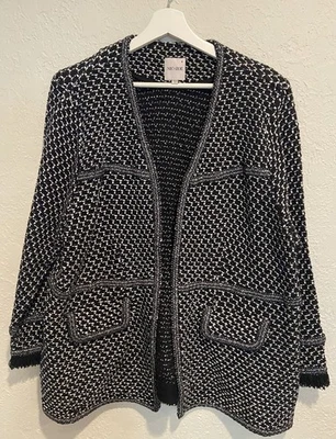Nic + Zoe Women’s 1X Black White Tweed Knit Cardigan Jacket Open Front Pockets - Image 1 of 4