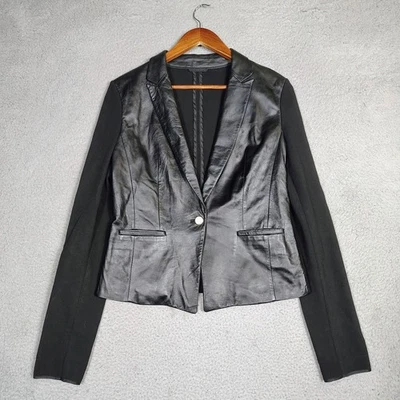 Hugo Boss Blazer Women's 6 Black Lamb Leather Stretch Single-Button Minimalist - Image 1 of 4