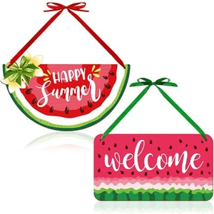 Happy Summer Decorations Watermelon Welcome Door Wall Hanging Sign Gift 2 Pieces - Picture 1 of 12