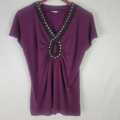 Mercer Street Shirt Womens Medium Top Purple Beaded V Neck Short Cap Sleeve - Image 1 of 4