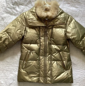The Limited Vintage Womens Gold Foil Hooded Down Puffer Jacket SZ XS Faux Fur - Picture 1 of 8