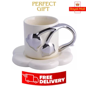 Cup & Saucer Set - Lily of The Valley Handle Ceramic Mug & Flower Saucer Ivory - Picture 1 of 4