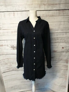 Denim Long Sleeve Distressed Jean Button Down Casual Tunic Shirt Dress, H - Picture 1 of 10