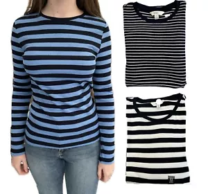 Ladies Marks Ribbed Striped Top Crew Neck Cotton Long Sleeve Navy Fitted Rib NEW - Picture 1 of 9