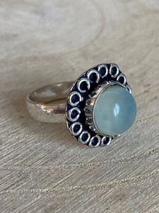 Natural Green Prehnite Ring Size O 1/2 Sterling Silver 925 Plated Vintage Flower - Picture 1 of 4