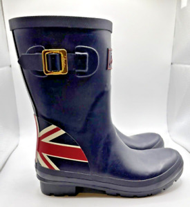 Joules Mid Navy Rain Boots Molly Welly British Union Jack Sz 6 US 4 UK