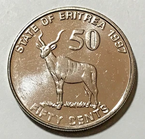 1991 Eritrea 50 cents Coin Soldiers Greater Kudu Deer Animal African Wildlife - Picture 1 of 2