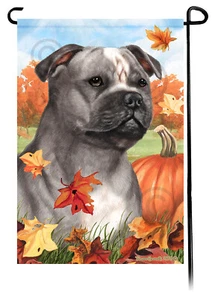 Falling Leaves Garden Flag - Blue and White Staffordshire Bull Terrier - Picture 1 of 1