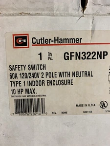 New CUTLER HAMMER 60 Amp 2 Pole .10HP MAX Safety Switch GFN322NP - Picture 1 of 7