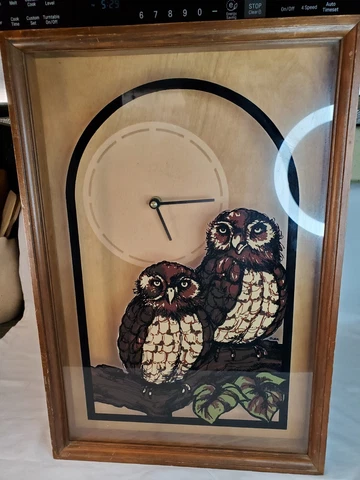 Vintage MCM 70's Owl Picture Painted On Glass Clock Signed Laurie Cover