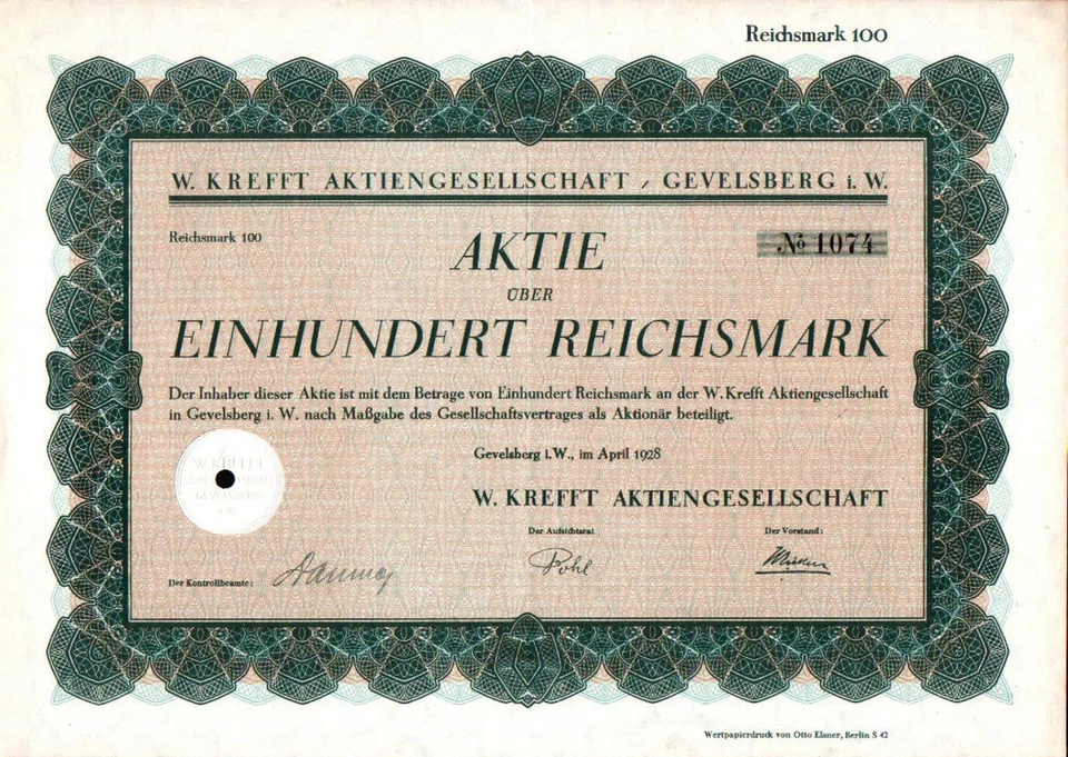 W. Krefft Aktiengesellschaft 1928  100 RM - Bild 1 von 1
