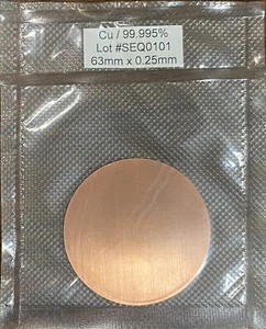 Objetivo de pulverización SEM de cobre Cu 99,995% 63 mm de diámetro x 0,25 mm de espesor - Imagen 1 de 2