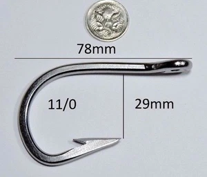 10 x 11/0 STAINLESS STEEL GAME FISHING HOOK FOR MARLIN LURES SWORDFISH SHARK - Picture 1 of 1