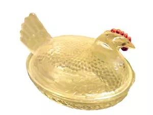 Gallina en nido de vidrio transparente vintage con peine rojo caramelo, plato de baratija y tapa - 6,5" - Imagen 1 de 11