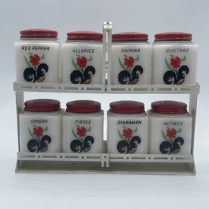 Tipp City Black Leaf Flower 1930s Milk Glass Spice Shakers, Set of 8 With Holder - Picture 1 of 6