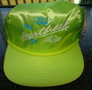 Vintage Ford Heartbreak Chevrolet Hat Chevy NEON GREEN Satin Cap * RARE  - Picture 1 of 4