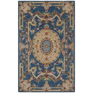 SAFAVIEH Traditional Medallion Handmade Wool Area Rug Blue & Ivory Savonnerie - Picture 1 of 15