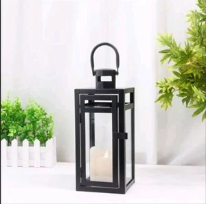 Metal Candle Lantern 12'' High Decorative Outdoor Indoor Hanging Tempered Glass - Picture 1 of 6