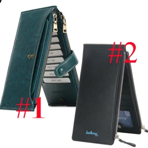 Men Women Leather Wallet Credit Card Holder Long Slim Bifold Zipper Clutch Purse - Picture 1 of 64