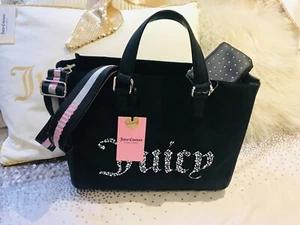 NEW JUICY COUTURE BLACK VELOUR DIAMANTE LOGO BAG + PURSE - Picture 1 of 7
