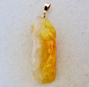 2.1" Carved Chinese A Grade White & Burnt Yellow JADEITE Jade 14K Pendant & COA - Picture 1 of 13