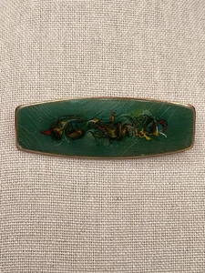 Vintage Enamel On Copper Rectangular Bar Brooch Pin Green Abstract Design MCM - Picture 1 of 10
