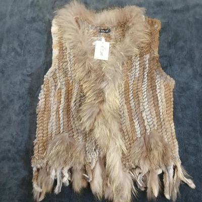 Dolce Cabo Womens L Rabbit Raccoon Fur Vest Boho Fringe Western Brown 4545 - Image 1 of 4