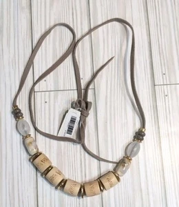 NWT J. Jill Wood Etched Beads & Agate Necklace w/ Leather Tie - Picture 1 of 4