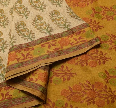 Sari Crema Vintage Sushila 100% Lana Pura Estampado Floral Sari Tela Cálida Foto 1 de 4