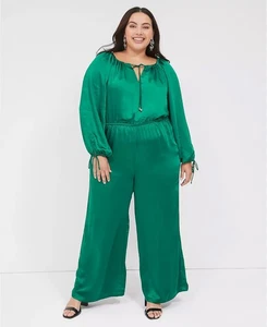 NWT Lane Bryant Satin Jumpsuit Sz 20 Green Long Sleeves Elastic Waist Wide Leg - Picture 1 of 9