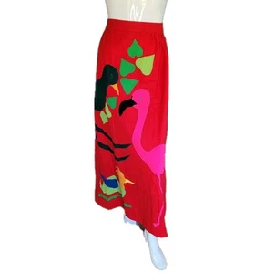 Maxi Falda Hecha a Mano De Colección M/L Roja Lana Colorida Adornada Pájaros Anfitriona Falda - Imagen 1 de 18
