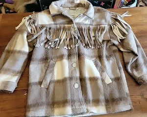 STOOSH Women's Brown Shacket Jacket Coat Size XL Fringe Plaid - Picture 1 of 11