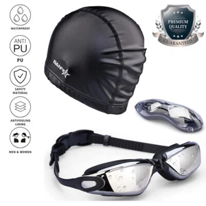 Black Swim Cap & Goggle Set, No Leaking, UV Protection for Adult Men Women Youth - Picture 1 of 9