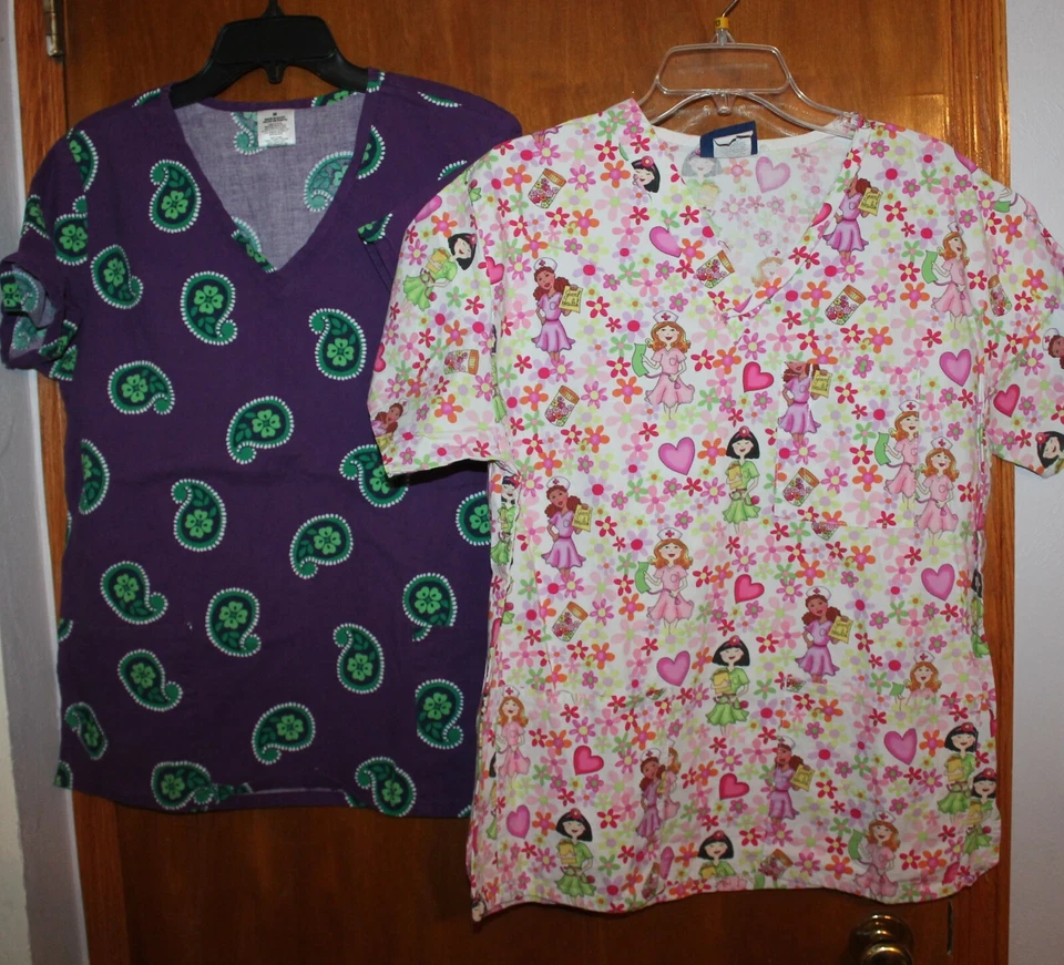 LOT OF 2 * Ladies' Medium SCRUB TOPS (Nurses & purple/green paisley) EUC - Image 1 of 1