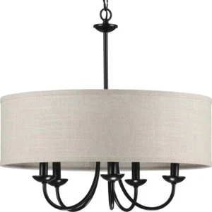 Drum Shade 21-5/8 in. 5-Light Matte Black w/Harvest Linen Shade Chandelier by PL - Picture 1 of 4