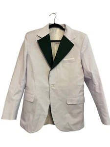 White Blazer Jacket With Dark Green Lapel Trim Single Button Closure Chest Pocke - Picture 1 of 6