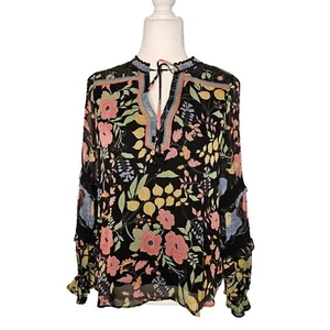 Hale Bob Size Small Georgette Bohemian Blouse Top Balloon Sleeve V Neck Tie - Picture 1 of 12