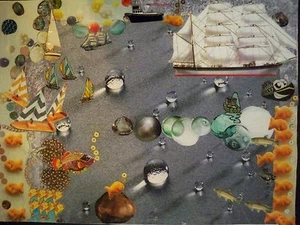 Original Mixed Media Collage, Fish And Ships by Nancy Graham 2015, Contemporary - Bild 1 von 1