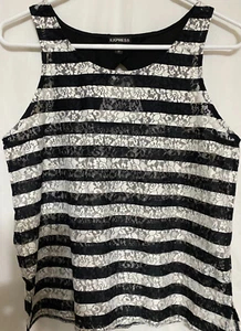 EXPRESS Ladies stretcy pullover sheer dressy tank black & white striped lace P/S - Picture 1 of 5