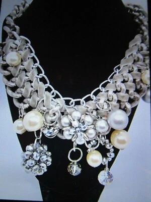 Collar Necklace ~ Velvet  Intertwined With Faux Pearls and Crystal Clusters - Image 1 of 4