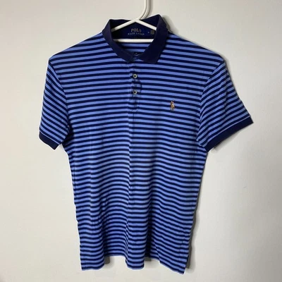 Polo Ralph Lauren Polo Shirt Mens Medium Blue Striped Slim Fit Colour Pony EUC - image 1 of 4
