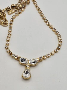 Vintage Trifari Gold Tone Rhinestones Chain Clear Crystals Pendant Necklace - Picture 1 of 16
