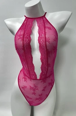 VICTORIA’S SECRET Sheer Lace Teddy Bodysuit Lingerie Thong Sz S Cross Back Pink - Image 1 of 4