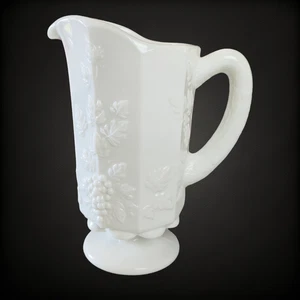 1940s Vintage Milk Glass Pitcher Heavy Footed Pedestal Base Grape Embossed 28oz - Picture 1 of 17