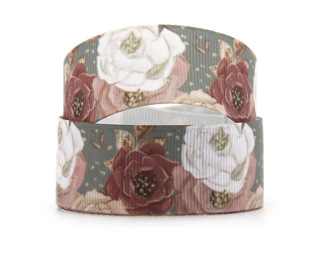 Grosgrain Floral Roses Flower Rose Ribbon 1" 25mm - Image 1 of 1