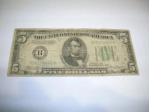$5 1934-A=FRN=RARE B SERIES QF 1934 B96324442A WHASHIGNTON. DC ITEM 91 YEARS OL - Picture 1 of 2