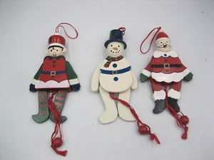 Vintage Wood Pull String Toy Ornament Christmas Set of 3 Snowman Santa Soldier - Bild 1 von 10